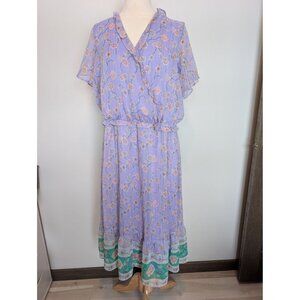 Lauren Conrad Womens Floral Pleated Midi 1X Flutter Sleeve Faux-Wrap Dress